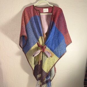 Nomad Morgan Carper wool blend belted poncho/cape with a fringe hem